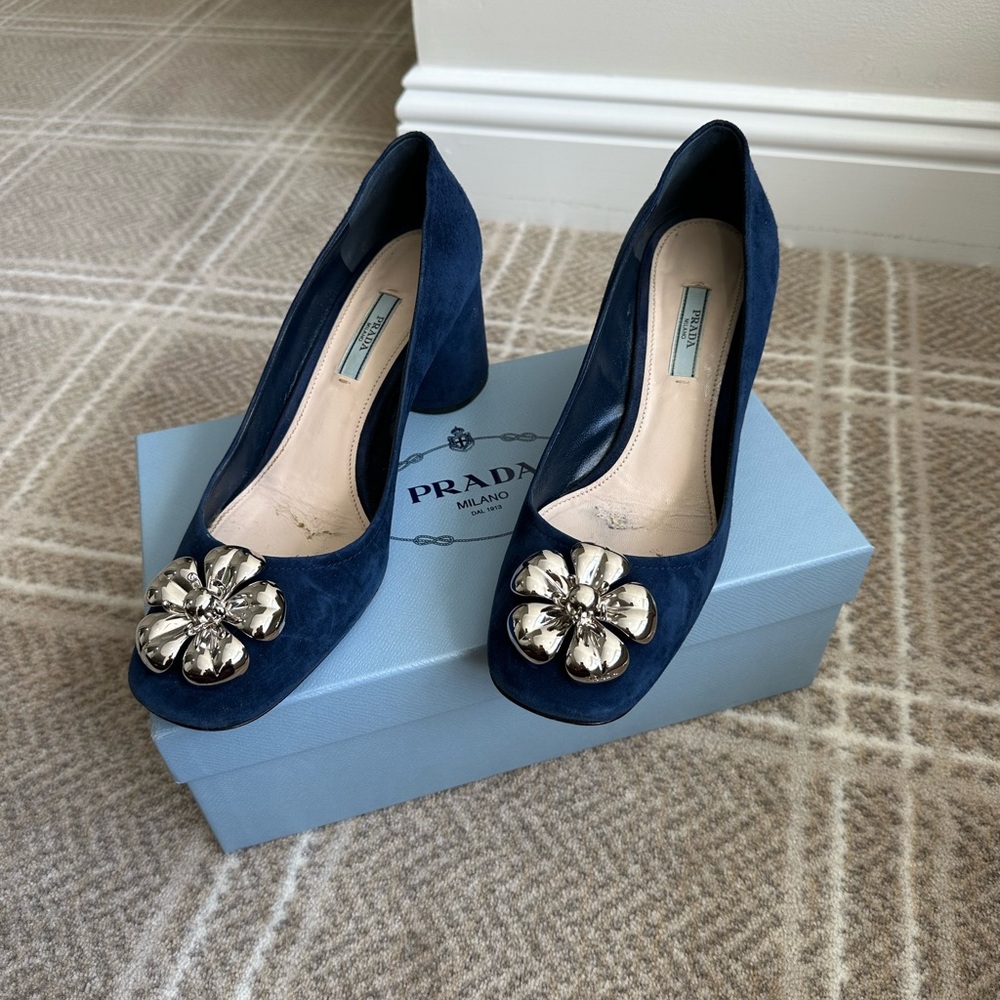 Prada Blue Suede Heels with Silver Floral Detail
